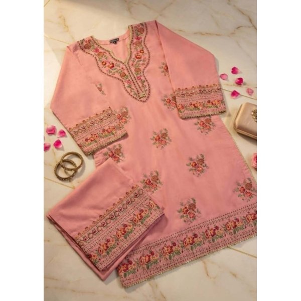 Embroidered Raw Silk Pink Ready-to-Wear Suit - Image 2
