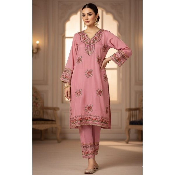 Embroidered Raw Silk Pink Ready-to-Wear Suit
