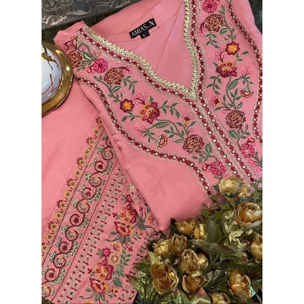Embroidered Raw Silk Pink Ready-to-Wear Suit - Image 3