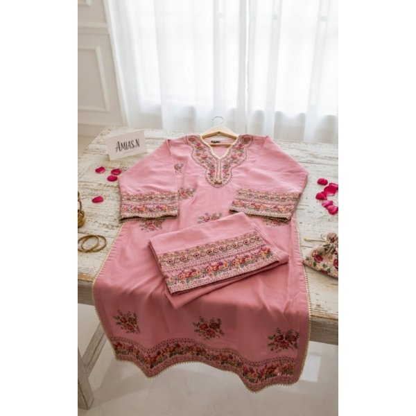 Embroidered Raw Silk Pink Ready-to-Wear Suit - Image 4