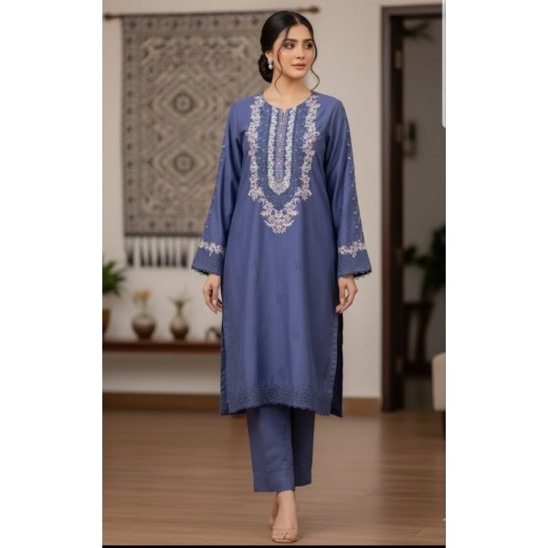 Formal Slate Blue Viscose Silk Kurta with Intricate Embroidery & Straight Pants