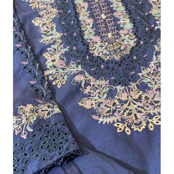 Formal Slate Blue Viscose Silk Kurta with Intricate Embroidery & Straight Pants - Image 3