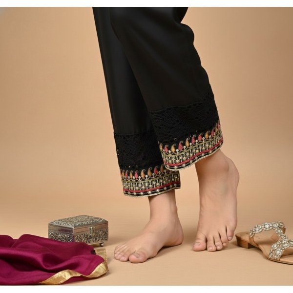 ​Black Straight-Fit Trousers with Intricate Lace & Multi-Color Embroidery