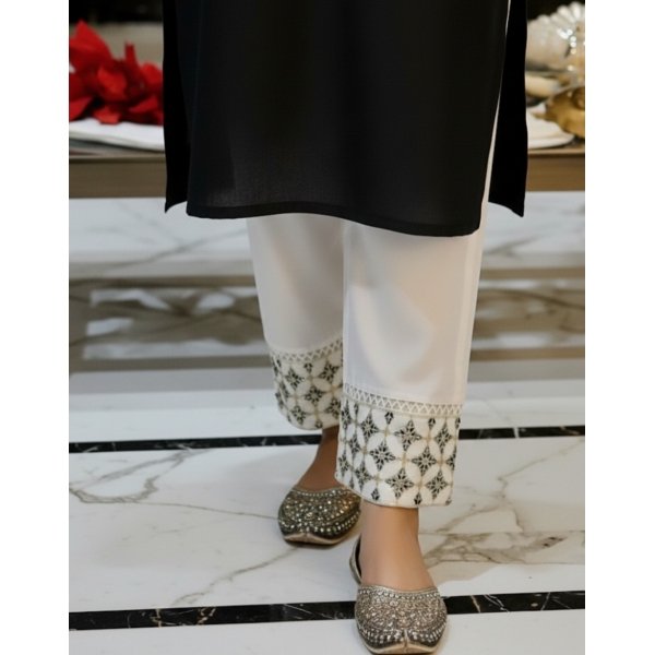 Embroidered Pearl White Trouser